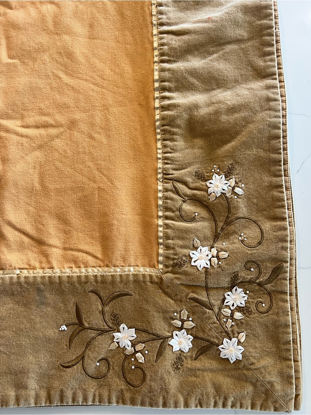 Vintage Embroidered Floral Velvet Throw Blanket in Brown and Tan
